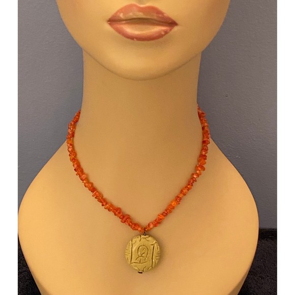 Coral Carnelian Chipstone Necklace Carved Olive Serpentine Jade Pendant Sterling - Picture 9 of 10